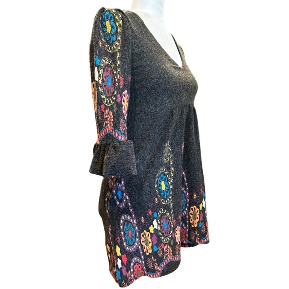 OB2-12 Womens Small Dress Dark Gray Flared‎ 3/4 Sleeve Bohemian Style - Picture 6 of 7